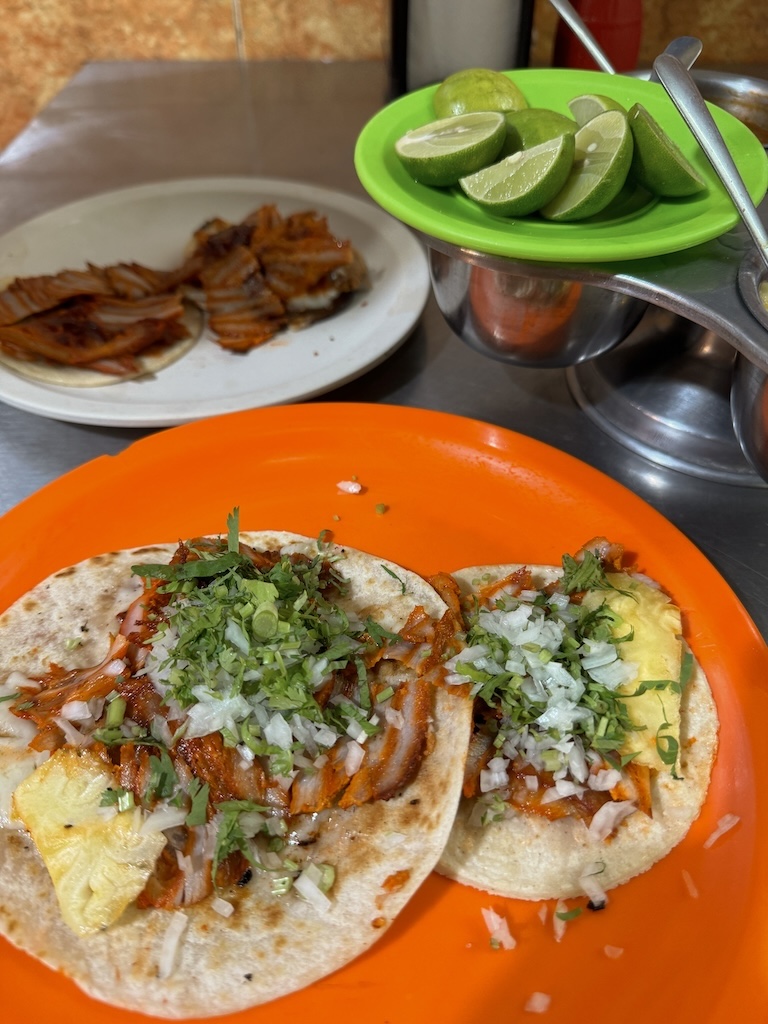 Flour tortilla al pastor tacos