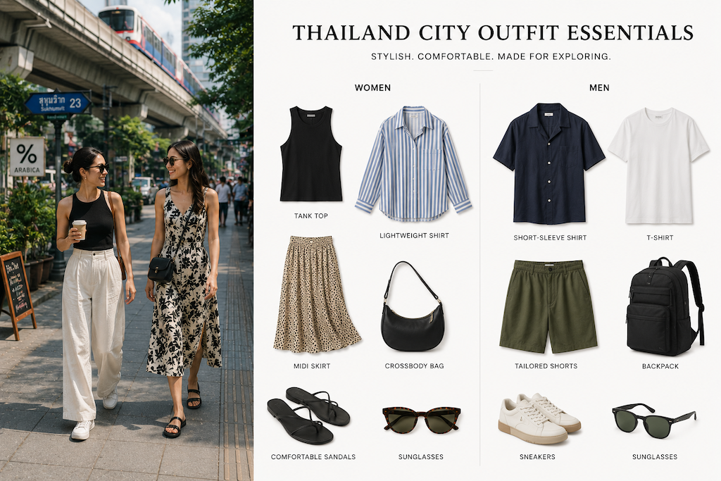Thailand city outfit essentials including stylish clothing and accessories 