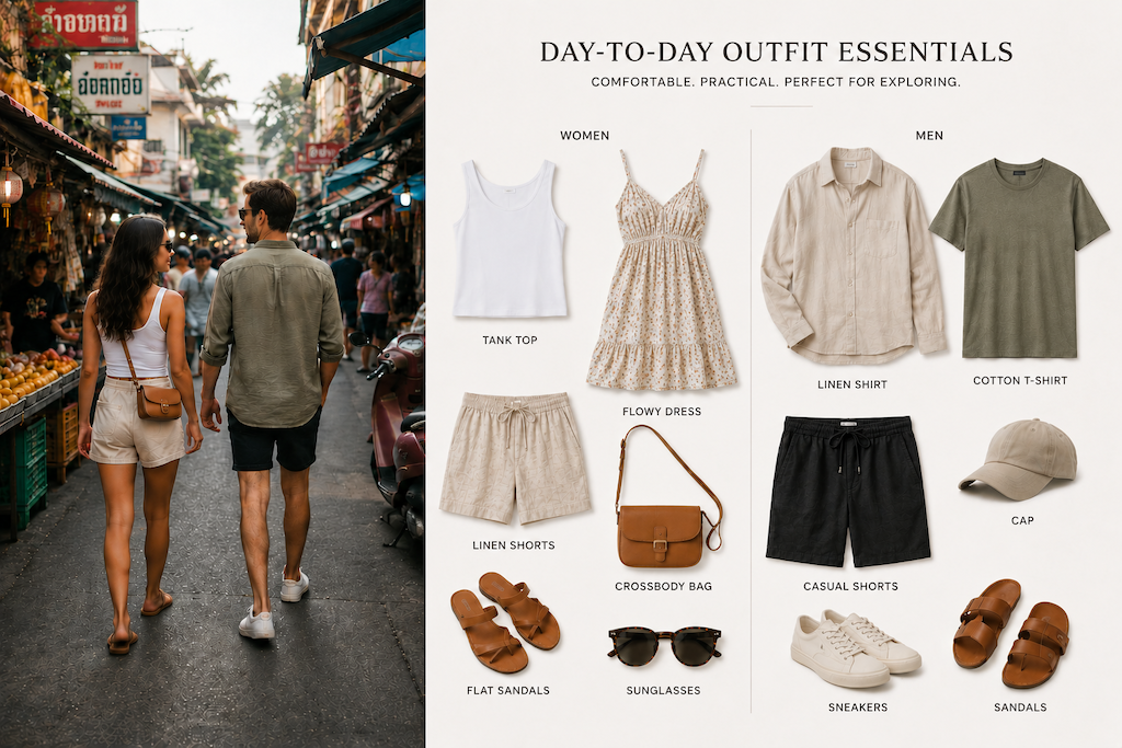 Travelers wearing lightweight summer clothing exploring a local market in Thailand