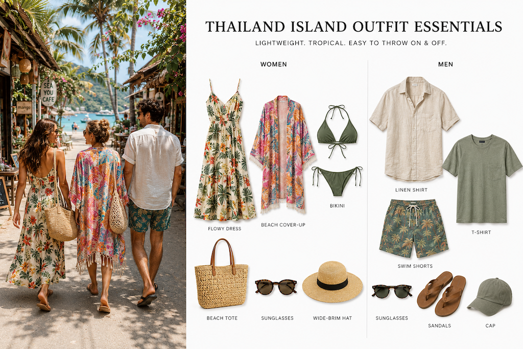 Travelers wearing tropical beachwear and lightweight clothing on a Thailand island