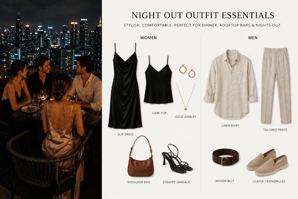 Friends dressed for a night out at a rooftop restaurant overlooking the Bangkok skyline