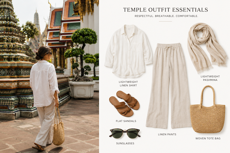 Woman wearing lightweight linen clothing walking through a temple in Bangkok, Thailand