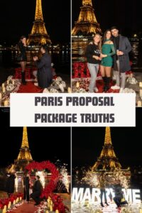 Paris Proposal Package truths collage showing real Eiffel Tower proposal setups, romantic decorations, photography examples, and engagement moments in Paris